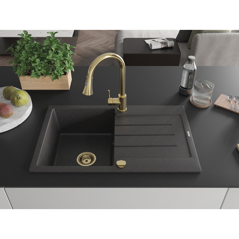 Mexen Bruno chiuvetă de granit cu 1 cuvă cu scurgător și baterie de bucătărie Elia, negru pătat - 6513-76-670101-50