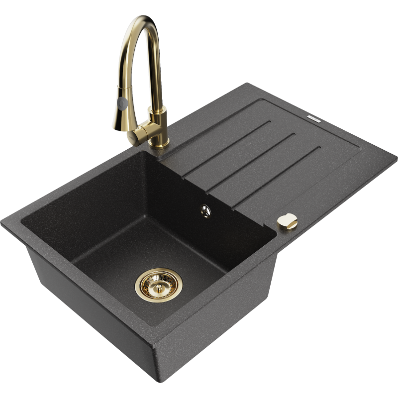 Mexen Bruno chiuvetă granit comp. 1 cu scurgător și baterie bucătărie Elia, negru cu pete - 6513-76-670101-50