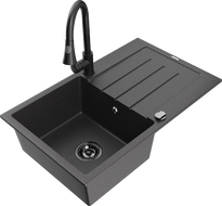 Mexen Bruno 1-medencés gránit mosogató csepegtetővel és Elia konyhai csapteleppel, fekete pöttyös - 6513-76-670101-70-B
