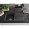 Mexen Bruno chiuvetă de granit cu 1 compartiment și scurgător și baterie de bucătărie Elia, negru cu pete - 6513-76-670101-76