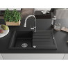 Mexen Bruno chiuvetă de granit cu 1 compartiment, cu picurătoare și baterie de bucătărie Elia, neagră - 6513-77-670101-00