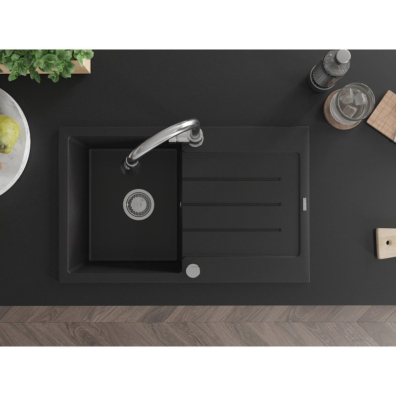 Mexen Bruno chiuvetă de granit cu 1 compartiment cu scurgător și baterie de bucătărie Elia, negru - 6513-77-670101-00