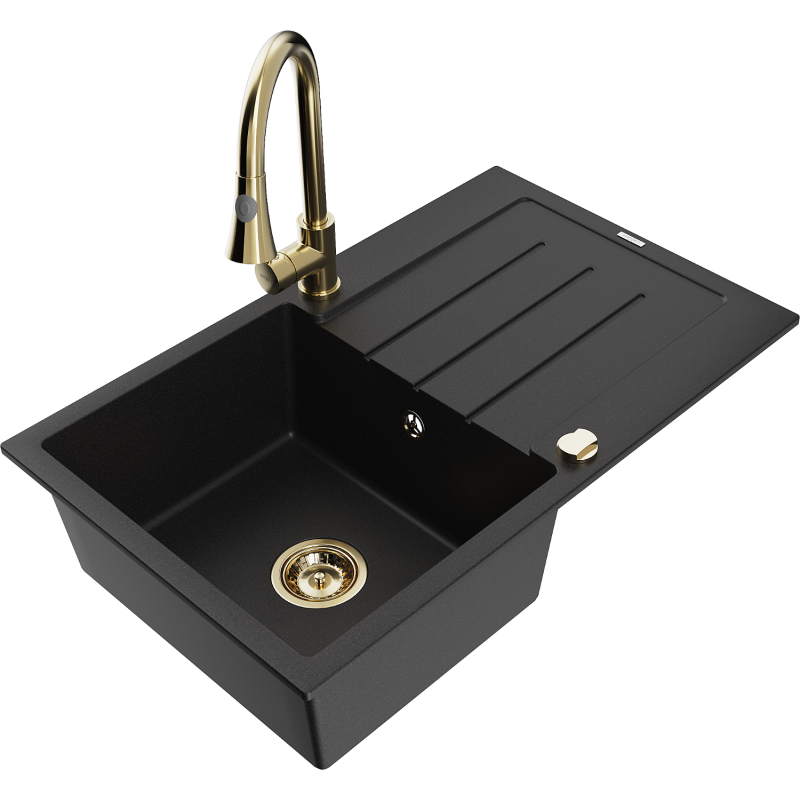 Mexen Bruno chiuvetă granitică cu 1 cuvă, cu scurgător și baterie de bucătărie Elia, negru - 6513-77-670101-50