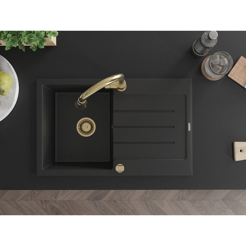 Mexen Bruno chiuvetă granitică cu 1 cuvă, cu scurgător și baterie de bucătărie Elia, negru - 6513-77-670101-50