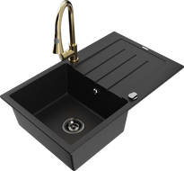 Mexen Bruno chiuvetă de granit cu 1 compartiment cu scurgător și baterie de bucătărie Elia, negru - 6513-77-670101-50-B