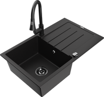 Mexen Bruno chiuvetă de bucătărie din granit cu 1 cuvă și picurător și baterie de bucătărie Elia, neagră - 6513-77-670101-70-B