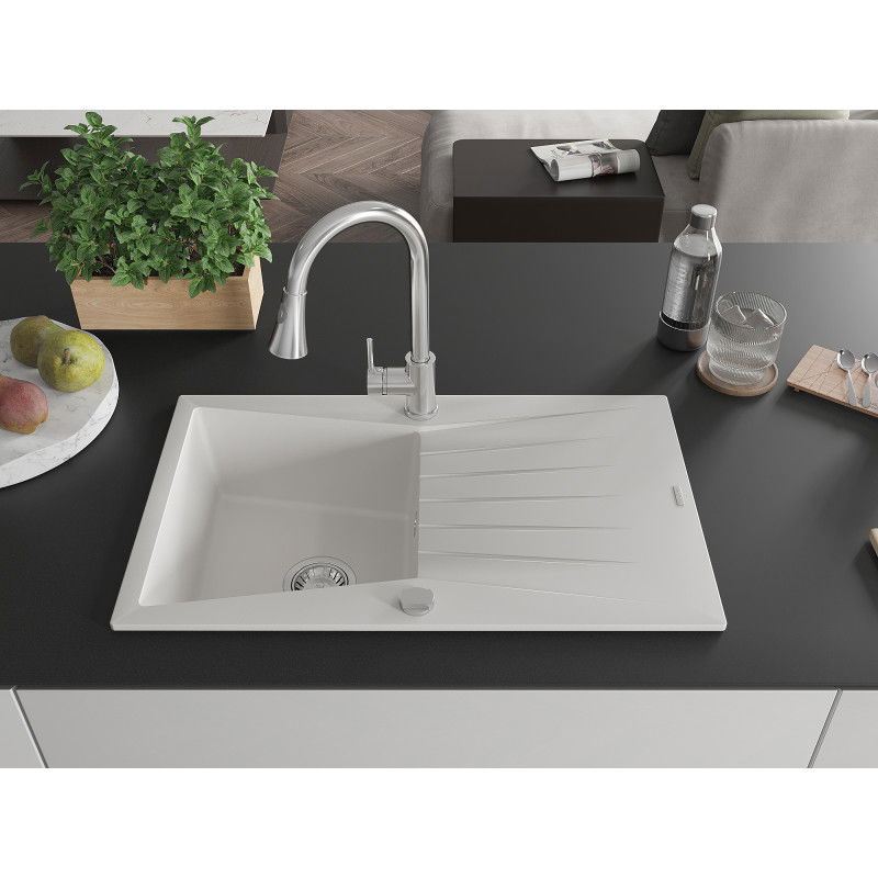 Mexen Cesar chiuvetă de granit cu 1 compartiment cu scurgător și baterie de bucătărie Elia, alb - 6514-20-670101-00