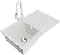 Mexen Cesar chiuvetă granit 1 cameră cu scurgător și baterie de bucătărie Elia, alb - 6514-20-670101-20