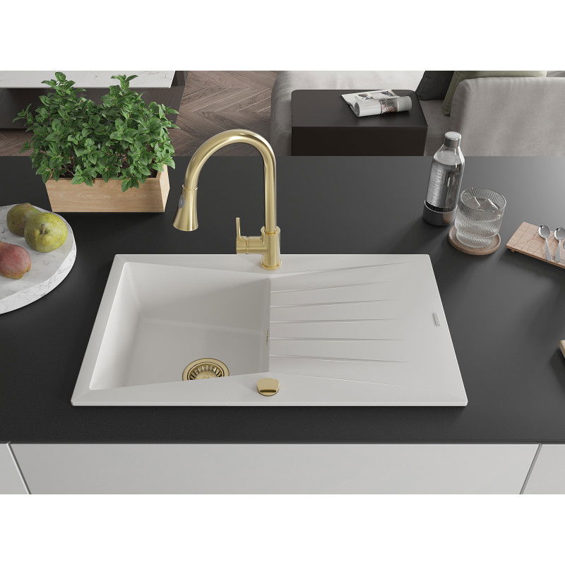 Mexen Cesar 1 rekeszes gránit mosogató csepegtetővel és Elia konyhai csapteleppel, fehér - 6514-20-670101-50