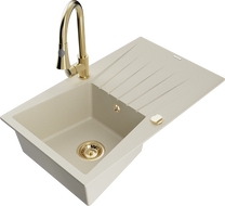 Mexen Cesar chiuvetă de granit cu 1 compartiment și picurător și baterie de bucătărie Elia, bej - 6514-69-670101-50