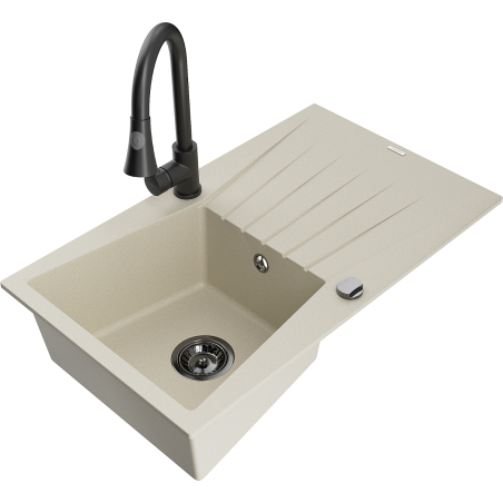Mexen Cesar gránit egymedencés mosogató csepegtetővel és Elia konyhai csappal, bézs - 6514-69-670101-70