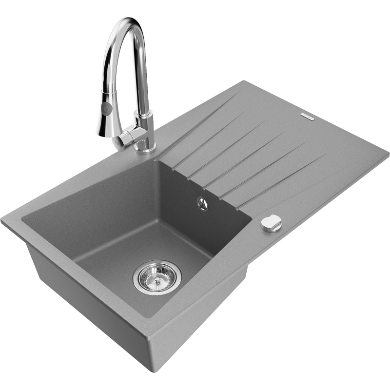 Mexen Cesar chiuvetă de granit cu 1 compartiment, cu scurgător și baterie de bucătărie Elia, gri - 6514-71-670101-00