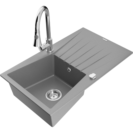 Mexen Cesar chiuvetă de granit cu 1 compartiment, cu scurgător și baterie de bucătărie Elia, gri - 6514-71-670101-00