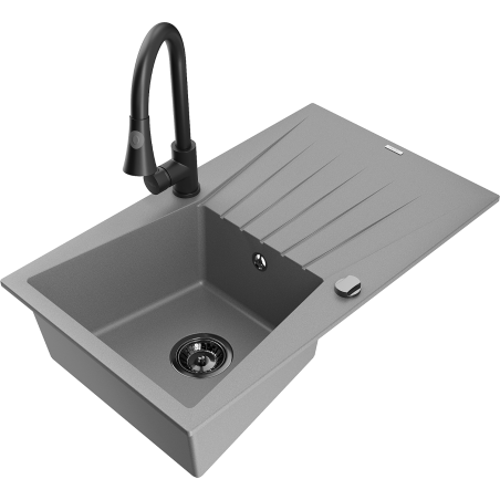 Mexen Cesar chiuvetă de granit cu 1 cameră cu picurător și baterie de bucătărie Elia, gri - 6514-71-670101-70-B