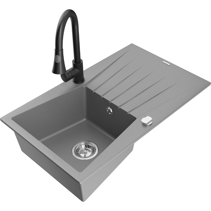 Mexen Cesar chiuvetă de bucătărie granit 1-cameră cu scurgător și baterie de bucătărie Elia, gri - 6514-71-670101-70