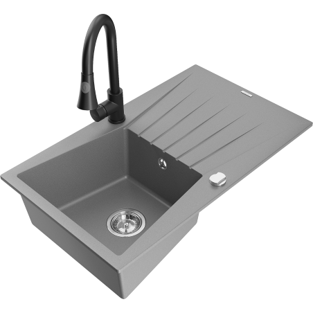 Mexen Cesar chiuvetă de bucătărie granit 1-cameră cu scurgător și baterie de bucătărie Elia, gri - 6514-71-670101-70