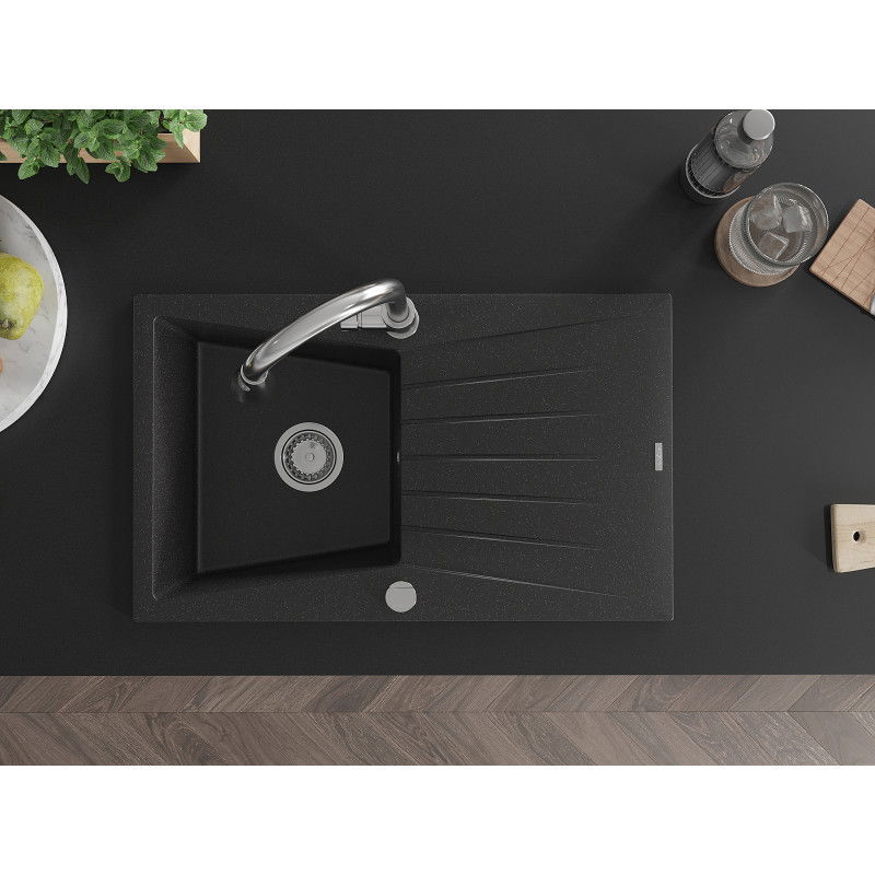 Mexen Cesar chiuvetă din granit cu 1 cuvă cu picurător și baterie de bucătărie Elia, negru/argintiu metalizat