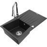 Mexen Cesar chiuvetă din granit cu 1 cuvă cu picurător și baterie de bucătărie Elia, negru/argintiu metalizat