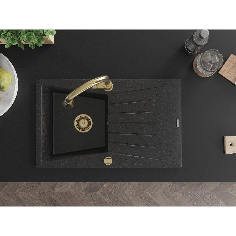 Mexen Cesar gránit mosogató 1-medencés csepegtetővel és Elia konyhai csapteleppel, fekete/ezüst metál - 6514-73-670101-50