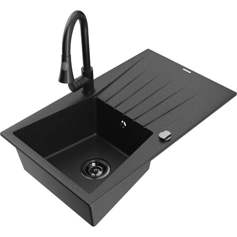 Mexen Cesar chiuvetă din granit cu 1 compartiment, cu picurător și baterie de bucătărie Elia, negru/metalic argintiu