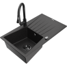 Mexen Cesar chiuvetă din granit cu 1 compartiment, cu picurător și baterie de bucătărie Elia, negru/metalic argintiu