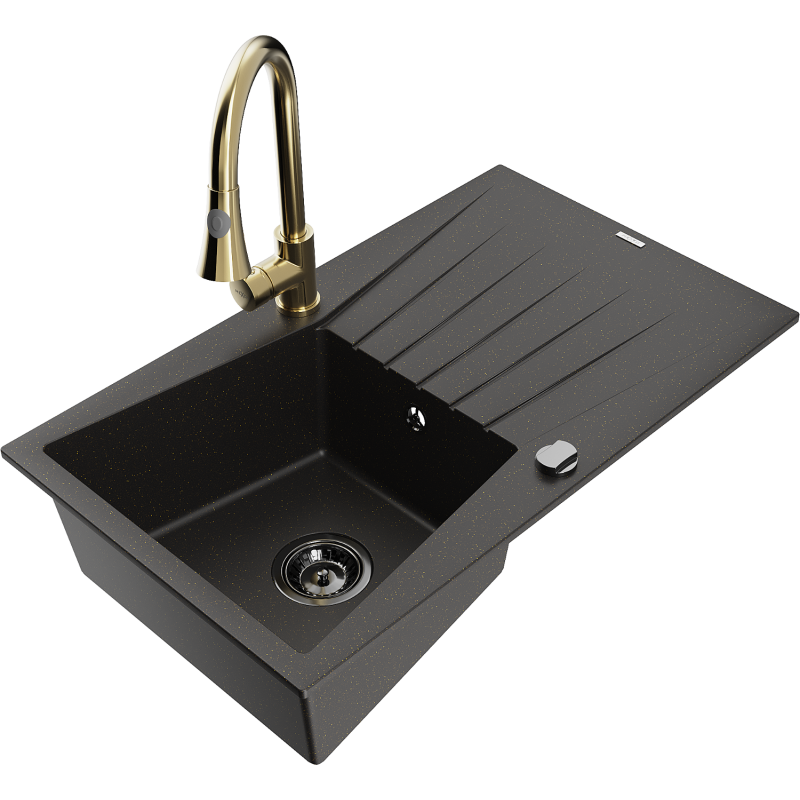 Mexen Cesar chiuvetă granit 1-compartiment cu scurgător și baterie bucătărie Elia, negru/auriu metalic - 6514-75-670101-50-B