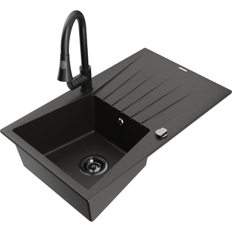 Mexen Cesar chiuvetă granit 1-cameră cu scurgător și baterie bucătărie Elia, negru/auriu metalic - 6514-75-670101-70-B