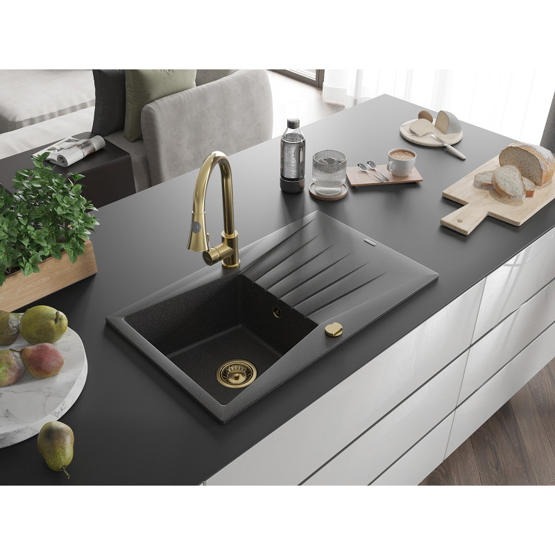 Mexen Cesar chiuvetă de granit cu 1 compartiment cu scurgător și baterie de bucătărie Elia, negru cu pete