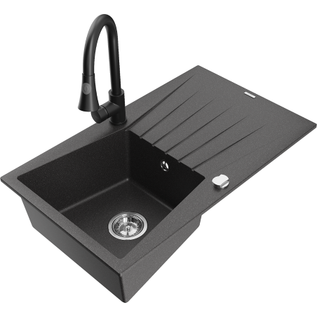Mexen Cesar chiuvetă de granit cu 1 compartiment cu picurător și baterie de bucătărie Elia, negru presărat