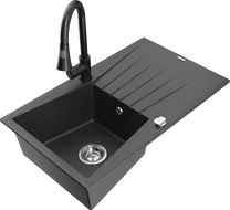 Mexen Cesar 1-medencés gránit mosogató csepegtetővel és Elia konyhai csappal, fekete pöttyös - 6514-76-670101-70