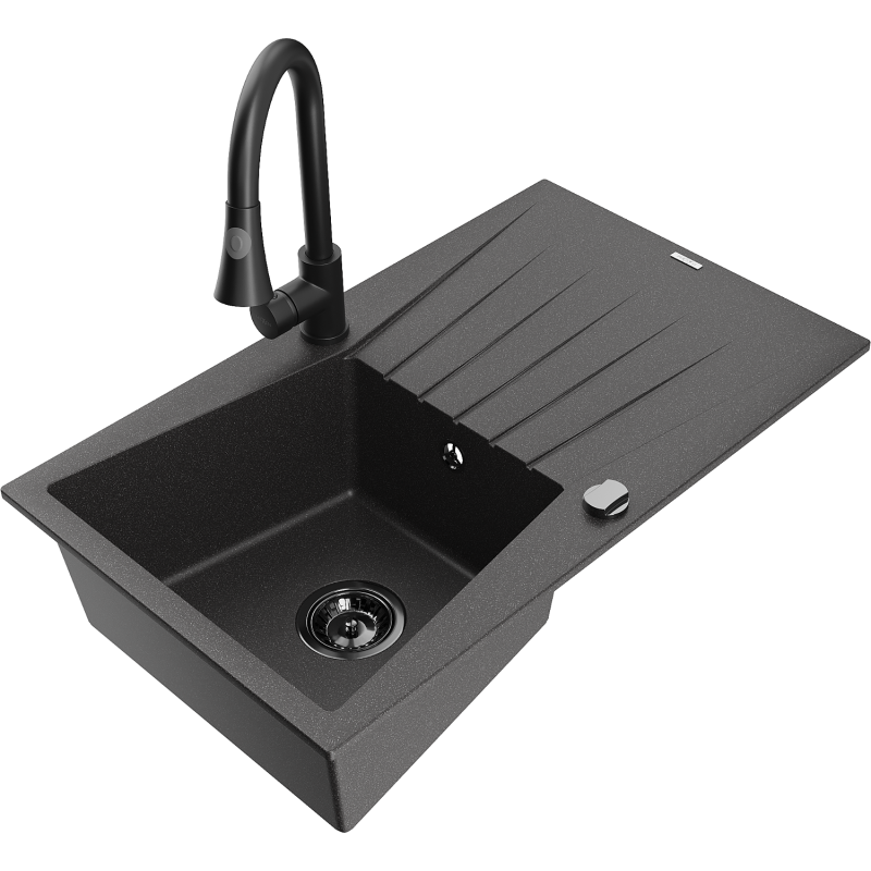Mexen Cesar chiuvetă de granit cu 1 compartiment, cu scurgător și baterie de bucătărie Elia, negru cu pete - 6514-76-670101-70-B