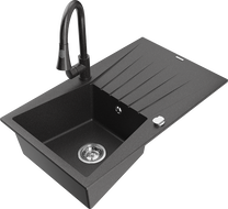 Mexen Cesar egymedencés gránitmosogató csepegtetővel és Elia konyhai csapteleppel, fekete pöttyös - 6514-76-670101-76