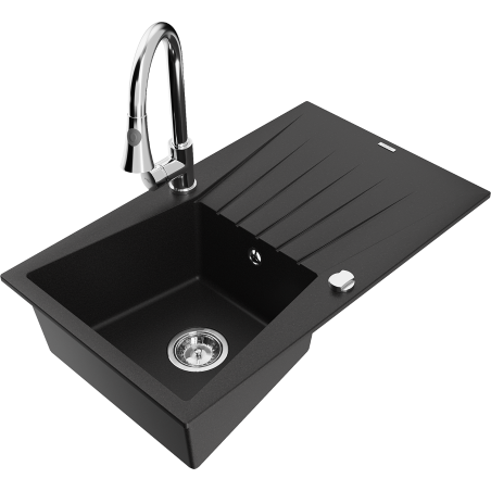 Mexen Cesar chiuvetă de granit cu 1 compartiment și scurgător și baterie de bucătărie Elia, negru - 6514-77-670101-00