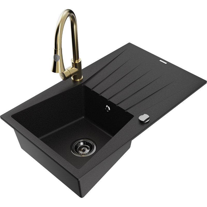 Mexen Cesar chiuvetă de granit cu 1 cuvă, cu picurător și baterie de bucătărie Elia, negru - 6514-77-670101-50-B