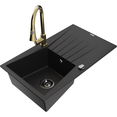 Mexen Cesar chiuvetă de granit cu 1 cuvă, cu picurător și baterie de bucătărie Elia, negru - 6514-77-670101-50-B