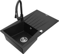 Mexen Cesar chiuvetă din granit cu 1 compartiment, cu scurgător și baterie de bucătărie Elia, negru - 6514-77-670101-70