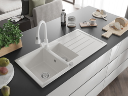 Mexen Andres chiuvetă din granit cu 1,5 compartimente, cu scurgător și baterie de bucătărie Elia, alb - 6515-20-670101-20