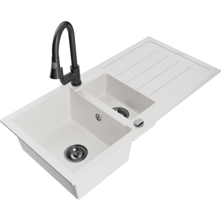 Mexen Andres 1,5 rekeszes, csepptálcás gránit mosogató és Elia konyhai csaptelep, fehér - 6515-20-670101-70