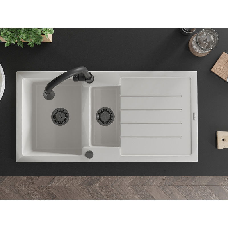 Mexen Andres chiuvetă de granit cu 1,5 cuve cu scurgător și baterie de bucătărie Elia, alb - 6515-20-670101-70