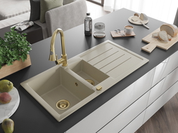 Mexen Andres chiuvetă din granit cu 1,5 compartimente cu scurgător și baterie de bucătărie Elia, bej - 6515-69-670101-50