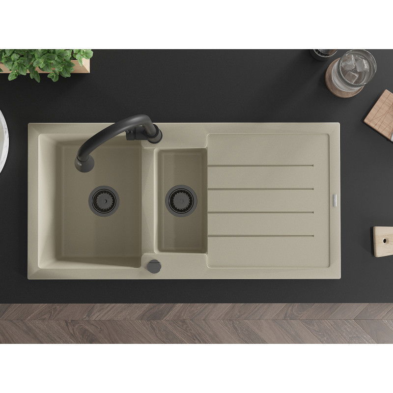 Mexen Andres gránit mosogató 1,5 medencés csepegtetővel és Elia konyhai csapteleppel, bézs - 6515-69-670101-70