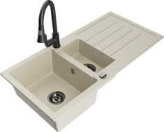 Mexen Andres chiuvetă din granit 1,5 cuve cu scurgător și baterie de bucătărie Elia, bej - 6515-69-670101-70