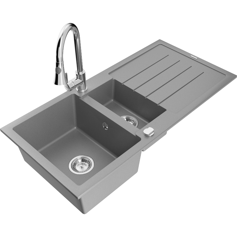 Mexen Andres chiuvetă de granit 1,5 camere cu scurgător și baterie de bucătărie Elia, gri - 6515-71-670101-00