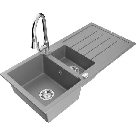 Mexen Andres chiuvetă de granit 1,5 camere cu scurgător și baterie de bucătărie Elia, gri - 6515-71-670101-00