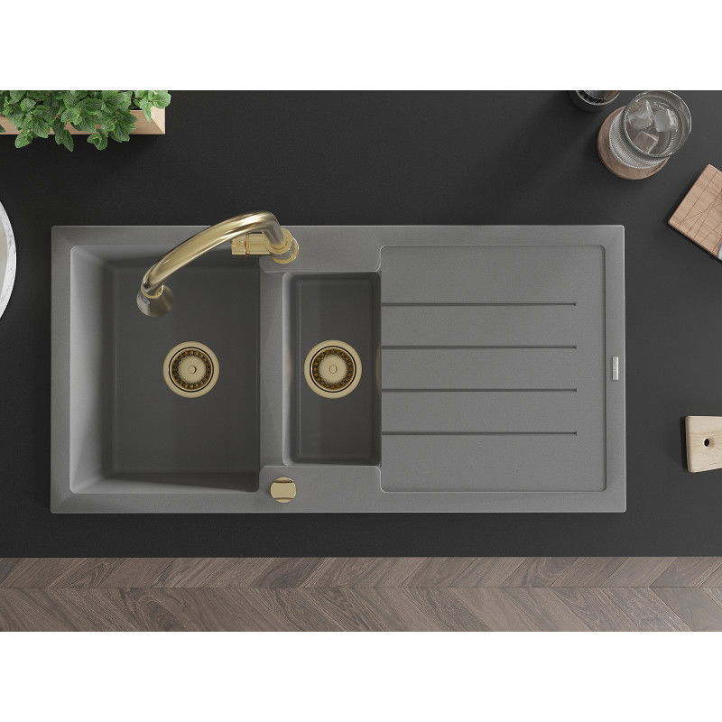 Mexen Andres chiuvetă din granit cu 1,5 compartimente, cu scurgător și baterie de bucătărie Elia, gri - 6515-71-670101-50