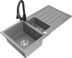 Mexen Andres chiuvetă din granit 1,5 compartimente cu scurgător și baterie de bucătărie Elia, gri - 6515-71-670101-70