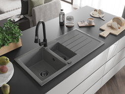 Mexen Andres 1,5 kamrás gránit mosogató csepegtetővel és Elia konyhai csapteleppel, szürke - 6515-71-670101-70-B