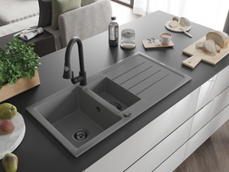 Mexen Andres chiuvetă de granit 1,5 compartimente cu scurgător și baterie de bucătărie Elia, gri - 6515-71-670101-70-B