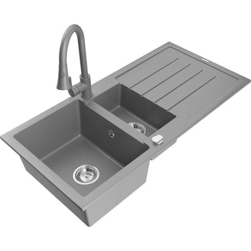 Mexen Andres chiuvetă de granit cu 1,5 cuve și scurgător și baterie de bucătărie Elia, gri - 6515-71-670101-71