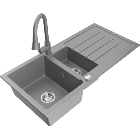 Mexen Andres szürke, 1,5 medencés gránit mosogató csepegtetővel és Elia konyhai csappal - 6515-71-670101-71